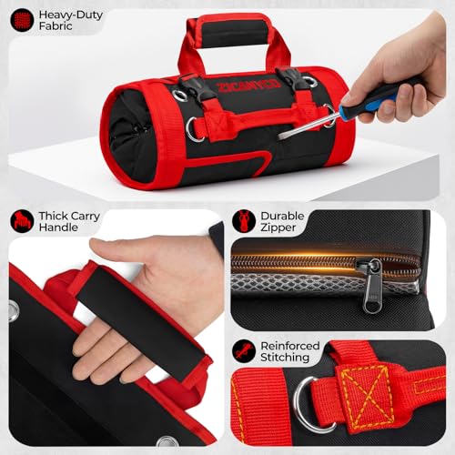 Roll Up Tool Bag, Heavy Duty See-Through Tool Roll Organizer with 2 Detachable Pouches, Portable Mechanic & Motorcycle Tool Bag, Birthday & Father’s Day Gift, Red - color: silvery