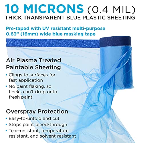 Dura-Gold 22" Wide x 65' Long Roll of Pure Blue Pre-Taped Masking Film, 0.4 Mil Pre-Folded Overspray Paintable Plastic Protective Sheeting, Pull Down Drop Sheet - Auto Painting, Cover Walls Furniture - size: 22 inchx 65'