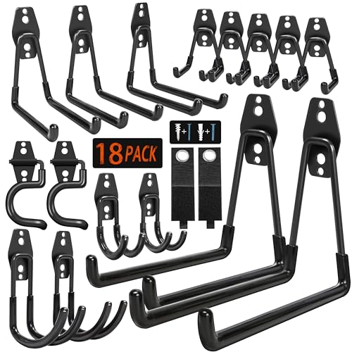 18 Pack Garage Hooks Heavy Duty - Anti-Slip Coating， Garage Storage Hooks for Hanging Bike，Ladder，Garden Tools，Hose - color: Black, size: 18pack