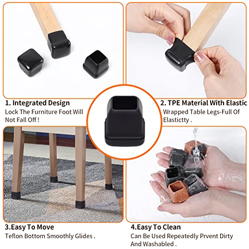 Ezprotekt 24 Pcs Chair Sliders for Carpet, Square Chair Glides for Carpet, Teflon Furniture Pads for Carpet, Chair Leg Protectors Caps for Carpet for Dining Table Chair, Black M (Fit: 0.75"-1") - size: M - Black