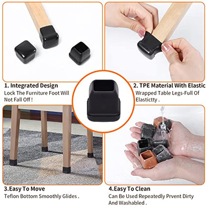 Ezprotekt 24 Pcs Chair Sliders for Carpet, Square Chair Glides for Carpet, Teflon Furniture Pads for Carpet, Chair Leg Protectors Caps for Carpet for Dining Table Chair, Black M (Fit: 0.75"-1") - size: M - Black
