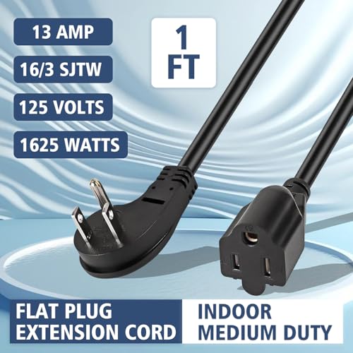 1875W Short Extension Cord,15A 16AWG Low Profile Flat Plug Heavy Duty Extension Cord Outlet Saver 3-Prong Grounded Power Cable (Black1 Feet) - size: Black 1 feet