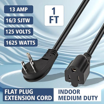 1875W Short Extension Cord,15A 16AWG Low Profile Flat Plug Heavy Duty Extension Cord Outlet Saver 3-Prong Grounded Power (Black 3 Feet) - size: Black 3 feet