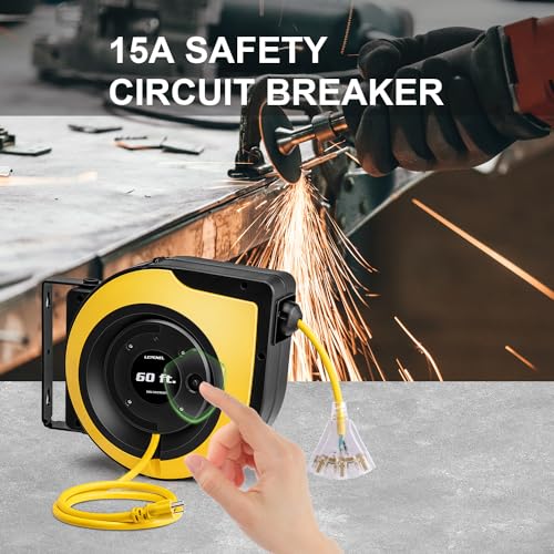 60 Ft Retractable Extension Cord Reel, 3 Power Outlets with Indicator Lights, 12AWG/3C SJTOW Heavy Duty Power Cord, 15 Amp Circuit Breaker, Wall Mount and Ceiling Mount,UL Certified
