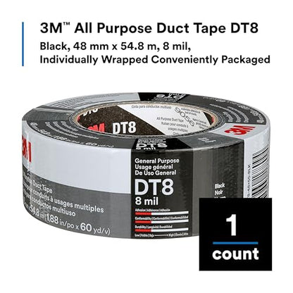 3M DT8 Industrial Strength Multi-Use Duct Tape, Black, 1.88in x 60 yd x 8 mil Thickness – Professional Grade Adhesive, 1 Pack - color: Black, size: 1 Roll