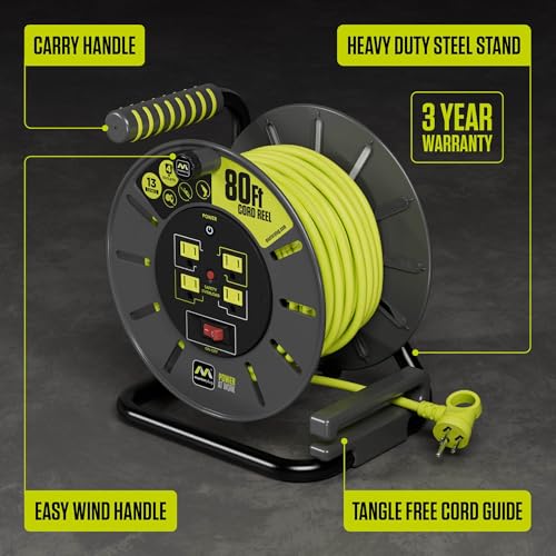 Masterplug 80ft Cord Reel, Retractable Extension Lead with Winding Handle, Safety Overload Circuit Breaker and Power Switch, 4X Grounded Outlets, 13amps, 14AWG Cable - size: 80ft