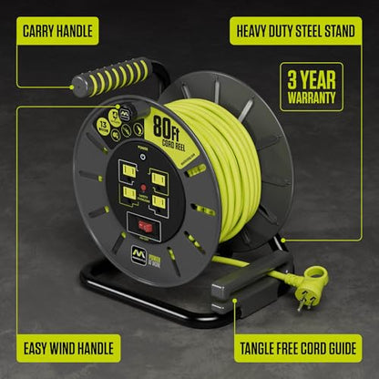 Masterplug 80ft Cord Reel, Retractable Extension Lead with Winding Handle, Safety Overload Circuit Breaker and Power Switch, 4X Grounded Outlets, 13amps, 14AWG Cable - size: 80ft
