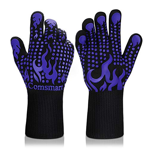 Comsmart BBQ Gloves, 1472 Degree F Heat Resistant Grilling Gloves Silicone Non-Slip Oven Gloves Long Kitchen Gloves for Barbecue, Cooking, Baking, Cutting - color: Blue, size: short