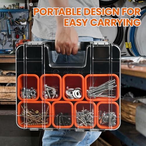 TACTIX Double-Sided Tool Organizer, Toolbox with 8-Storage Bins & 14 Adjustable Dividers & Transparent Lids, Portable Hardware Storage Box for Screws, Nuts, Fishing Accessories (Black&Orange) - style: Double Sided Tool Box
