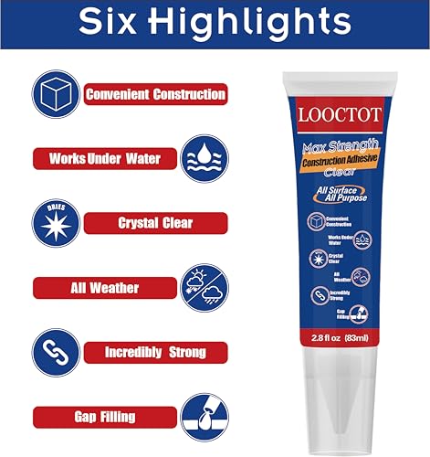 Max Strength Clear Construction Adhesive, 2.8 fl oz Integrated Squeeze Tube, Versatile Cement for Tile,Floor,Stone,Wood,Wall & More,Works Under Water