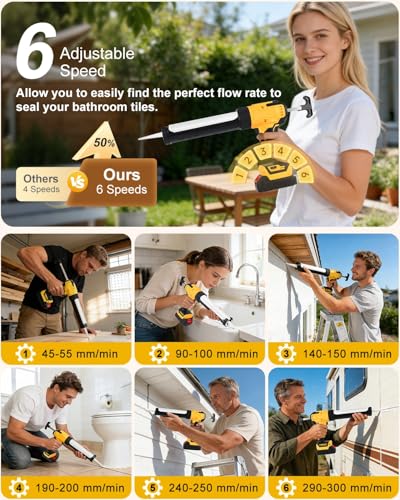 Cordless Caulking Gun, Electric Caulk Gun w/2.0Ah Battery, Compatible with De-Walt 20V Max Battery, 10oz Battery Powered Caulk Gun, 12Pcs Silicone Caulking Tools, 6 Speed for Filling, Sealing, Repair