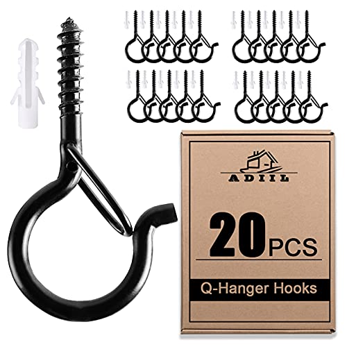 ADIIL 20 PCS Q Hanger Hooks with Safety Buckle, Windproof Screw Hooks for Hanging Outdoor String Lights, Plants, Christmas Patio Lights, 2.2 Inches, Black - color: Black, size: 20 pcs