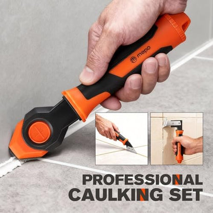 M MEEPO 5 in 1 Razor Blade Scraper & Caulking Tool Set, with 80 pcs Razor Blades & 5 pcs Scraper Blades, Extentable & Detachable Scraper Tool Oven Cleaner Caulk Grout Remover Tool for House Cleaning