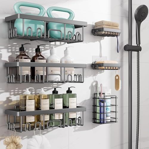 Veken Rustproof & Waterproof Shower Caddy 6-Pack, No Drilling Adhesive Shelves Rack with Soap Holder, Large Capacity Bathroom Organizers and Storage, Wall-Mounted Kitchen & Home Decor, Dark Grey - color: I. Dark Grey