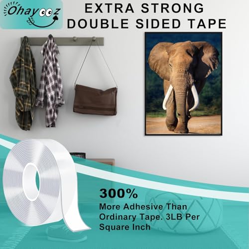 Ohayooz® Extra Strong Double Sided Tape Heavy Duty Removable 10FT, Clear Sticky Nano Adhesive Wall Tape for Hanging Picture, Poster, Carpet, Photo Deco - size: 10 Feet Set of 1