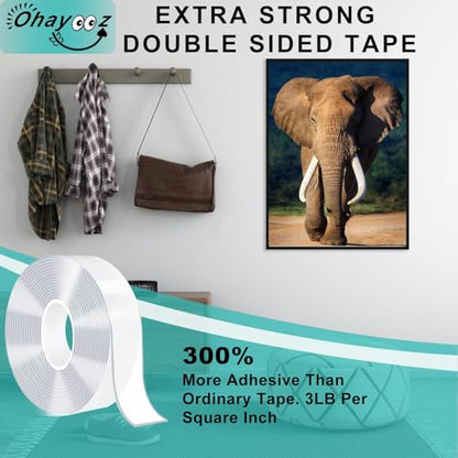 Ohayooz® Extra Strong Double Sided Tape Heavy Duty Removable 10FT, Clear Sticky Nano Adhesive Wall Tape for Hanging Picture, Poster, Carpet, Photo Deco - size: 10 Feet Set of 1