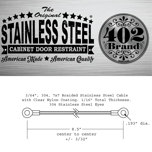 Stainless Steel Cabinet Door Restraint Kit. Made in USA. Flexible Braided Cable. Cupboard Door Hinge Limiter. Restrict Cabinet Door Swing. Door Swing Limiter. Includes Mounting Screws - size: 50 Pack