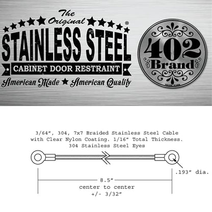 Stainless Steel Cabinet Door Restraint Kit. Made in USA. Flexible Braided Cable. Cupboard Door Hinge Limiter. Restrict Cabinet Door Swing. Door Swing Limiter. Includes Mounting Screws - size: 50 Pack