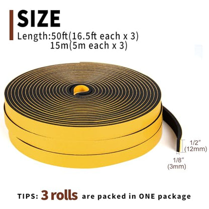 Yotache Foam Weather Stripping Seal Tape 3 Rolls 1/2" W X 1/8" T for Doors and Windows Gasket Insulation Soundproofing, 50 Ft Length (3 X 16.5 Ft Each) - size: 1/2"x1/8"x50 Ft