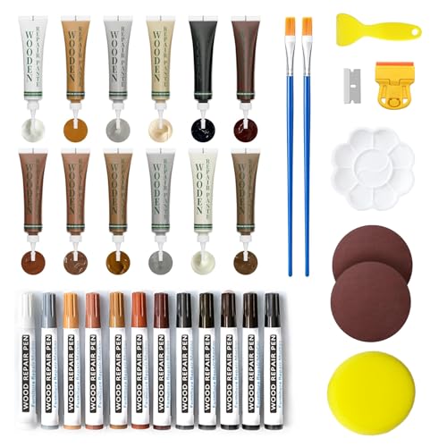 Wood Furniture Repair Kit,12 Color Wood Filler and 12 Colors Wood Scratch Repair Markers, Professional Repair Tools for Stains, Scratches, Wood Floors, Tables, Bedposts,Wood Repair kit