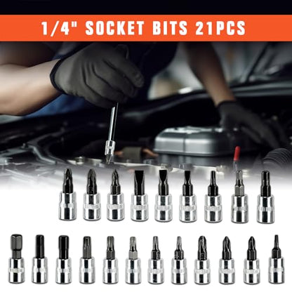 53 Pieces Socket Wrench Set Drive Socket Set with 1/4 Inch Ratcheting Wrench Plastic Toolbox Storage Case for Automotive Repair And Home Use - color: Gjx53s
