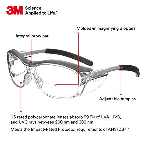 3M Safety Glasses with Readers, Nuvo Readers, +2.0 Diopter, Pack of 1, ANSI Z87, Clear Lens, Gray Frame, Soft Nose Bridge, Side Shields - color: Clear Lens (+2.0), Gray Frame, size: +2.0 Diopter