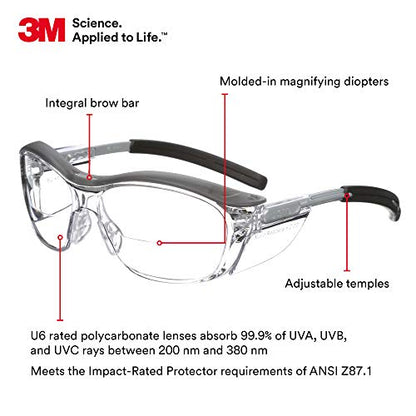 3M Safety Glasses with Readers, Nuvo Readers, +2.0 Diopter, Pack of 1, ANSI Z87, Clear Lens, Gray Frame, Soft Nose Bridge, Side Shields - color: Clear Lens (+2.0), Gray Frame, size: +2.0 Diopter