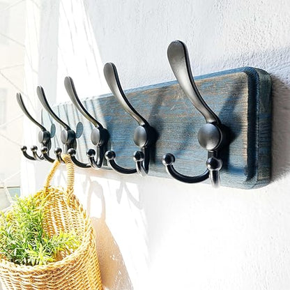 Dseap Coat Rack Wall Mount - Heavy-Duty Robust Barnwood-Style Wooden Wall Coat Hanger Hook Rail with 5 Triple Hooks for Winter Coats Hat Jacket Clothing, Weathered Blue & Black, Pack of 2 - color: Weathered Blue & Black, size: L=17.4"