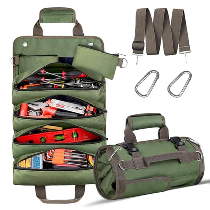 Roll Up Tool Bag, Heavy Duty Waterproof Portable Tool Storage Organization, Tool Bags For Men Tool Organizer with 2 Detachable Zipper Pouches Rollable Carrying, Dad Men Mechanic Welding Birthday Gift