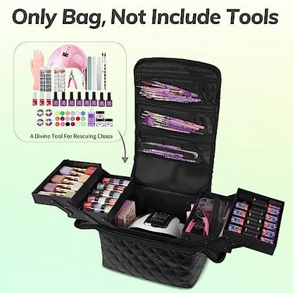 Deciniee Travel Makeup Bag, 4 Trays Large Cosmetic Bag for Woman with Adjustable Dividers, Organizer Bag Waterproof, Travel Essentials Cosmetic Bag, Train Case for Nail Tech Black - color: Black PU Rhombic Regular