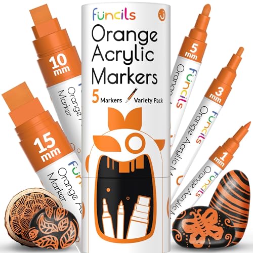 5 Orange Paint Pens - Extra Fine Tip, Thin & Jumbo (1mm, 3mm, 6mm, 10mm, 15mm) - Acrylic Orange Paint Marker for Metal, Fabric Pen, Plastic, Canvas, Wood, Rock Painting - Water-based Ink - color: Orange