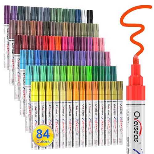 Overseas 84 Colors Paint Pens Oil Based Permanent Markers - Multicolor, Quick Drying, Waterproof, Fade Resistant, Medium Tip Paint Markers for Rock, Wood, Metal, Glass, Plastic, Rubber, Canvas, Paper - size: 1 Count (Pack of 84)