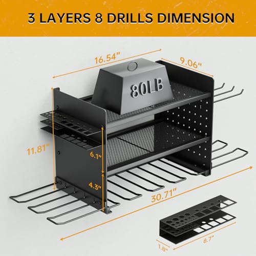 Power Tool Organizer Wall Mount, 3 Layer 8 Drill Holder Tool Shelf Storage Rack for Garage Organization, Birthday Gifts for Him Men Dad Husband Anniversary Fathers Day, Cool Gadget Stocking Stuffer - size: Black Y