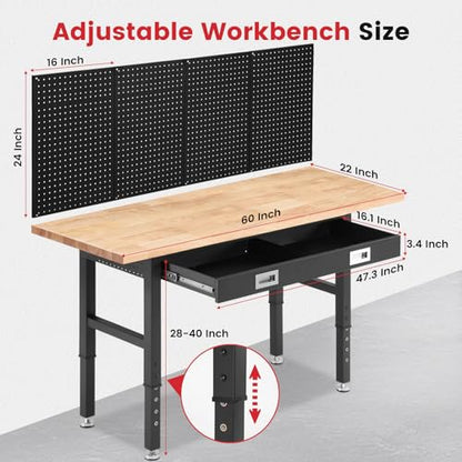 ENJOYWOOD 60" Adjustable Height Workbench with Drawers, Rubberwood Top, Pegboard & Power Outlets, Heavy Duty Work Table for Garage, Workshop & Home - size: XX-Large