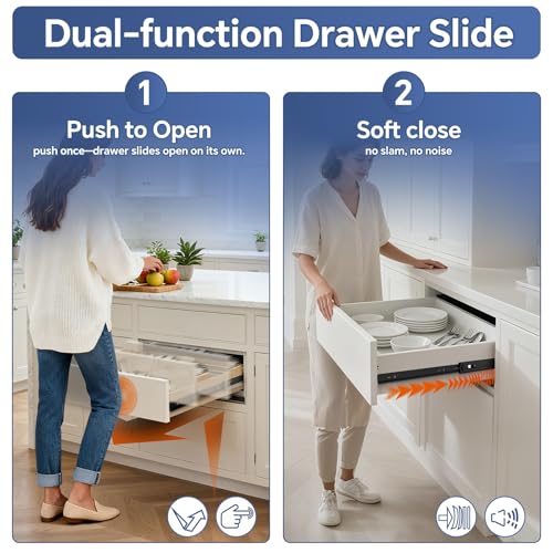 ToBeGreat Push to Open Soft Close Drawer Slides 16 Inch Side Mount Dresser Runner Black,2/3 Full Extension Ball Bearing 100 LB Kitchen Nightstand Glides Rails 1 Pair - color: Black(Push to Open & Soft Close)-1 pair, size: 16 Inch