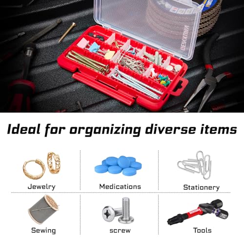 Geinxurn Small Flat Storage Parts Organizer, 4Pcs Red Portable Transparent Plastic Small Parts Tools Box with Removable Dividers, Screwdriver Bit Cases Storage(4 Pieces) - style: Flat-4pcs