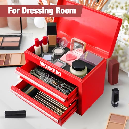 WORKPRO Mini Metal Tool Box with 2 Drawers and Top Storage, Small Tool Chest with PVC Liners and PP Feet Pads, Cold Rolled Steel Toolbox with Magnetic Tab - color: Red