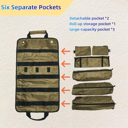 Roll Up Tool Bag Tool Roll,Portable Rollup Toolbag,Foldable Rollup organizer,Tool Organizer with 6 Detachable Pouches,Perfect for Engineers,Hobbyist,Men's gift and Engineer's gift (khaki)