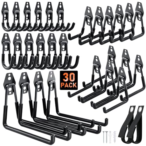 Housolution Steel Garage Hooks - 30Pack Anti-Slip Coating, Heavy Duty Wall Mount Hooks for Bikes, Garden Tools, Ladders, Hose, Bulk Items Ropes, Garage Tool Organizer with Extension Cord Wrap, Black - color: Black, size: 30 Pack