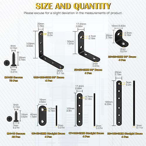 24 Sets Black Corner Braces L Brackets and Straight Braces Mending Plates Heavy Duty Assortment Kit with Screws Fasteners for Wood Shelf Chair Cabinet Furniture (20/50/100mm,40/100/160mm)