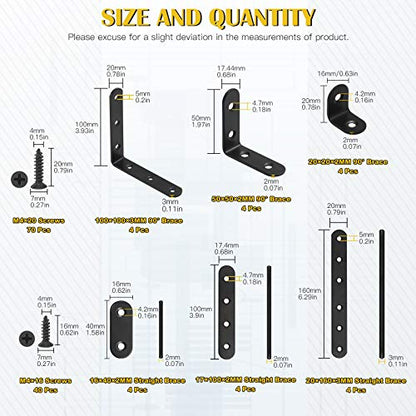 24 Sets Black Corner Braces L Brackets and Straight Braces Mending Plates Heavy Duty Assortment Kit with Screws Fasteners for Wood Shelf Chair Cabinet Furniture (20/50/100mm,40/100/160mm)