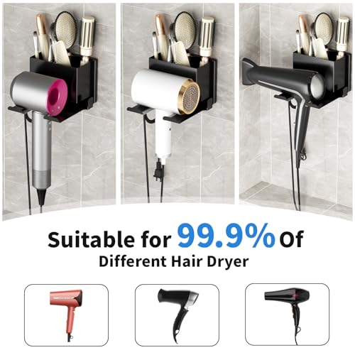Hair Dryer Holder Wall Mounted, Hair Tools Organizer, Bathroom Space-Saving Blow Dryer Organizer Curling Irons Storage Hair Dryer Comb Attachments Black (Self-Adhesive and Drilling) - color: Black