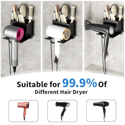 Hair Dryer Holder Wall Mounted, Hair Tools Organizer, Bathroom Space-Saving Blow Dryer Organizer Curling Irons Storage Hair Dryer Comb Attachments Black (Self-Adhesive and Drilling) - color: Black