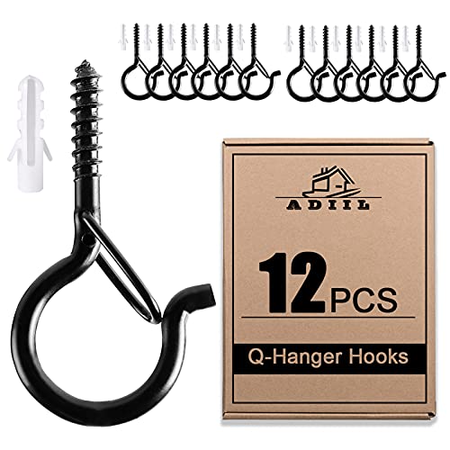 ADIIL 12 PCS Q Hanger Hooks with Safety Buckle, Windproof Screw Hooks for Hanging Outdoor String Lights, Plants, Christmas Patio Lights, 2.2 Inches, Black - color: Black, size: 12 pcs