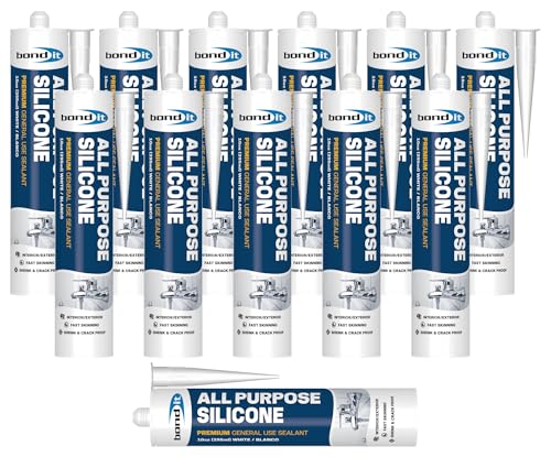Bond It All Purpose Silicone, Premium General Use Acetoxy Sealant, Waterproof Flexible Silicone for Bathroom, Kitchen, Windows, Doors, Showers, Indoor, Outdoor Sealing, 10 oz, Pack of 12, White - color: White