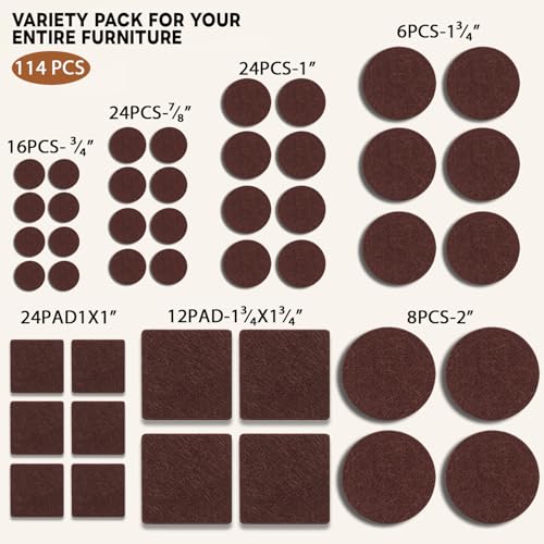 Felt Furniture Pads 114 PCS, 7 Sizes, Felt Pads for Chair Legs, Suitable for Round and Square Chair Legs, to Prevent Scratches, Reduce Noise and Protect the Floor (Brown) - size: 114PCS-Brown