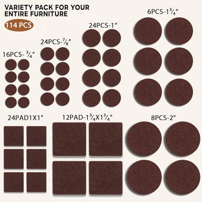 Felt Furniture Pads 114 PCS, 7 Sizes, Felt Pads for Chair Legs, Suitable for Round and Square Chair Legs, to Prevent Scratches, Reduce Noise and Protect the Floor (Brown) - size: 114PCS-Brown
