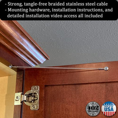 Stainless Steel Cabinet Door Restraint Kit. Made in USA. Flexible Braided Cable. Cupboard Door Hinge Limiter. Restrict Cabinet Door Swing. Door Swing Limiter. Includes Mounting Screws - size: 50 Pack