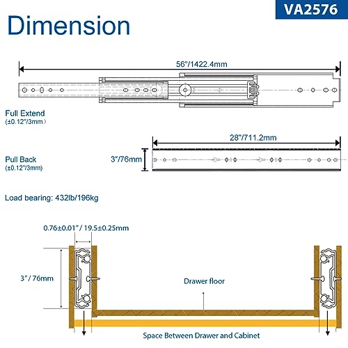 VADANIA 28" Heavy Duty Drawer Slide Without Lock, #A76, 2" Width Up to 250lb Load Capacity, 3-Fold Full Extension, Ball Bearing, Side Mount, 1-Pair - color: #A76 - Without Lock, size: 28 Inch