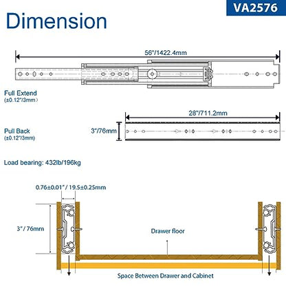VADANIA 28" Heavy Duty Drawer Slide Without Lock, #A76, 2" Width Up to 250lb Load Capacity, 3-Fold Full Extension, Ball Bearing, Side Mount, 1-Pair - color: #A76 - Without Lock, size: 28 Inch